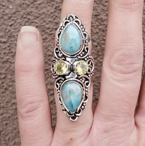 New Oversized Larimar and Citrine 925 Silver Statement Ring.